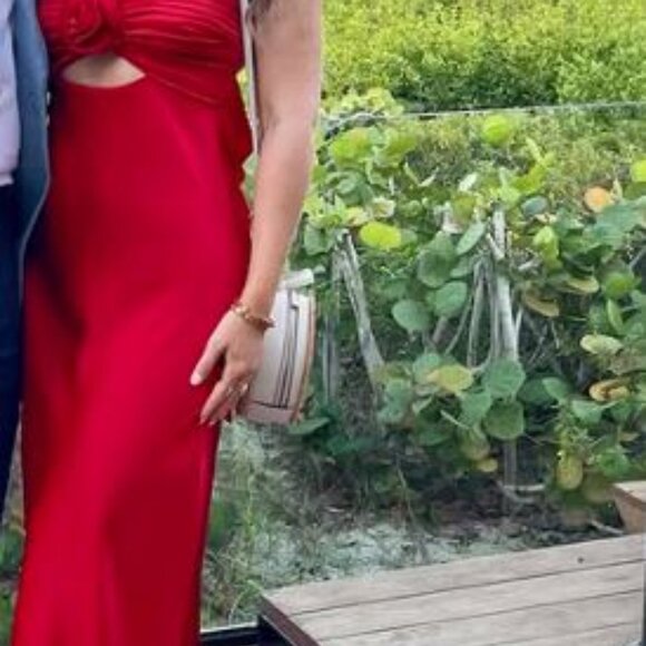 Cady Maxi Dress - Ruched Bust Rosette Detail Satin Dress in Red - Picture 3 of 4